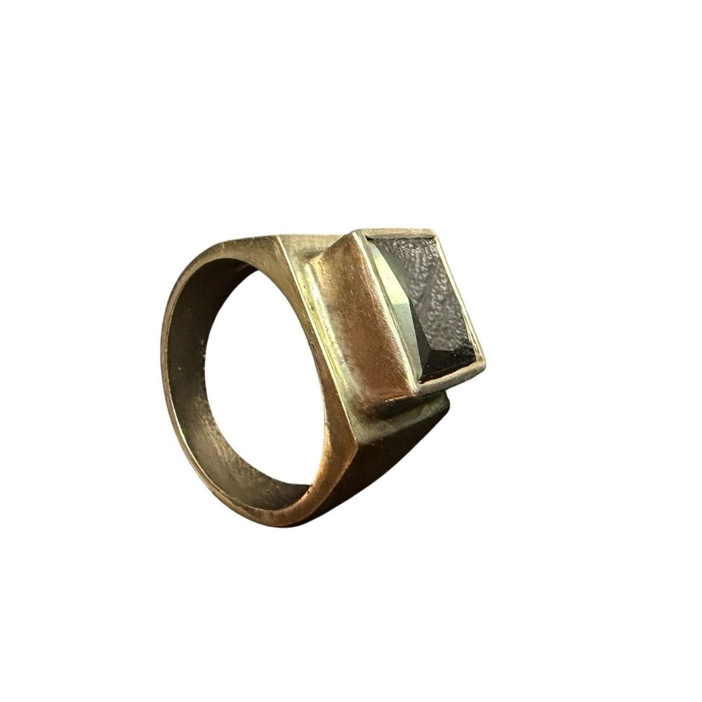 Vintage 925 Sterling Silver Gold Tone Smoky Quartz Rectangular Signet Ring Mens